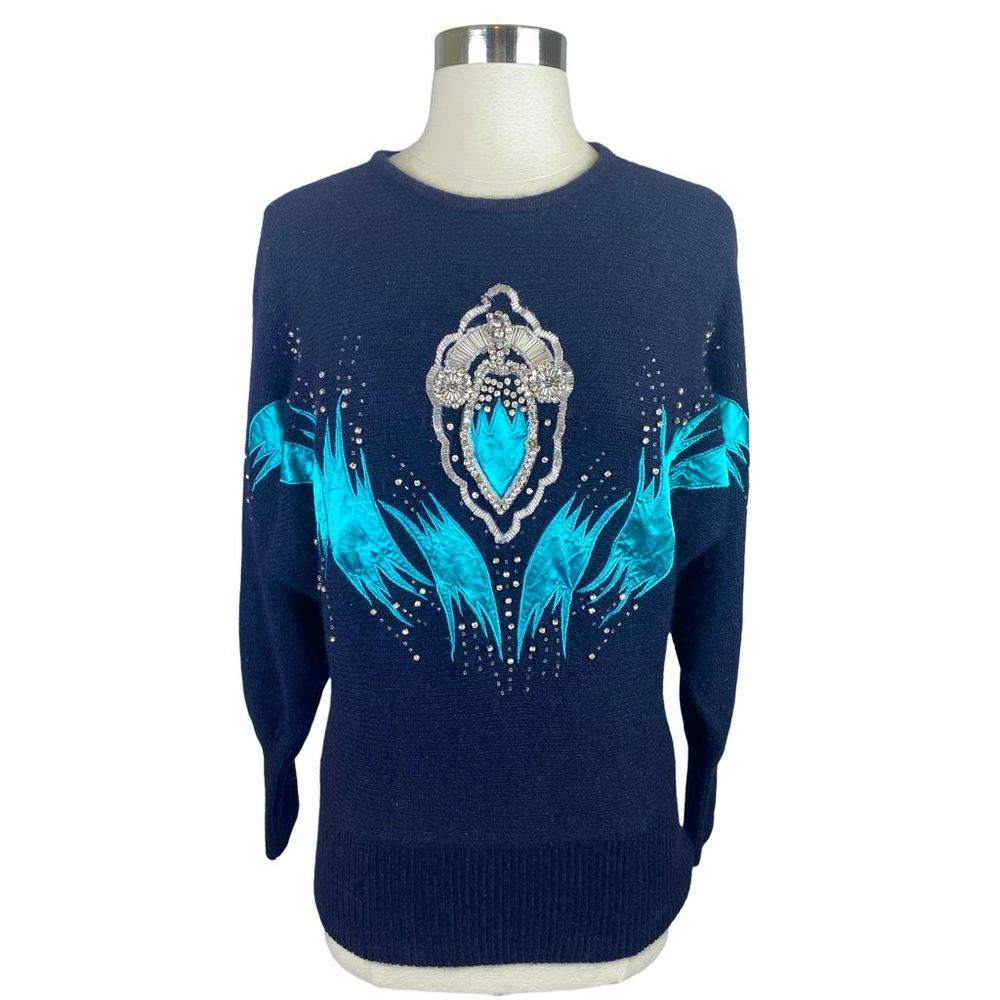 Vintage 80’s Cedars Black & Turquoise Angora Knit Jeweled Sweater